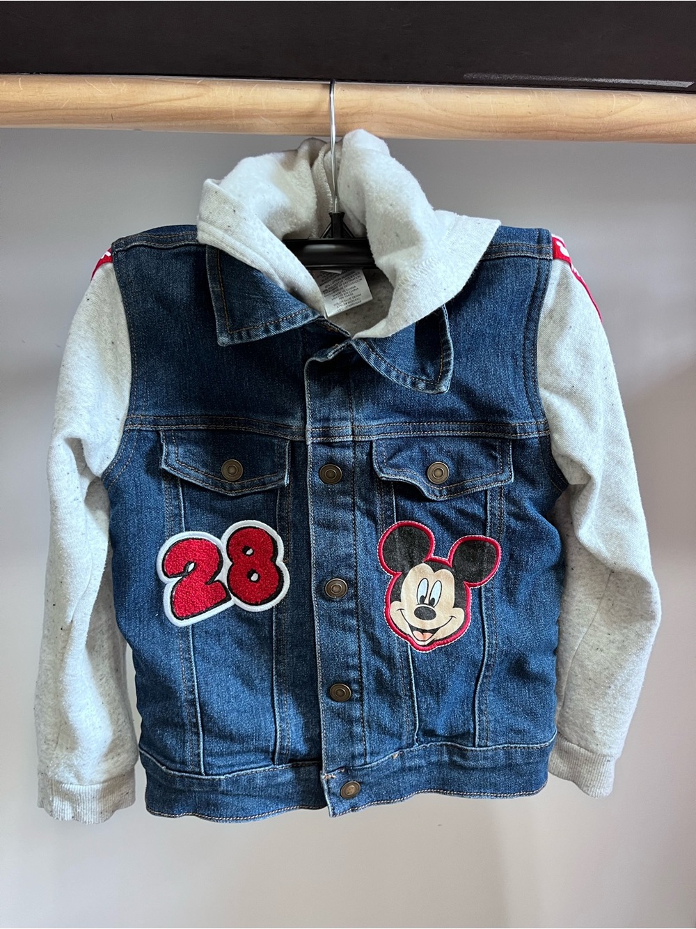 Disney Junior Blue Denim Jacket with Gray Fleece Sleeves Mickey Mouse Kids 5/6